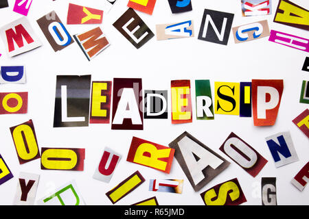 A word writing text showing concept of Leadership made of different magazine newspaper letter for Business case on the white background with copy space Stock Photo