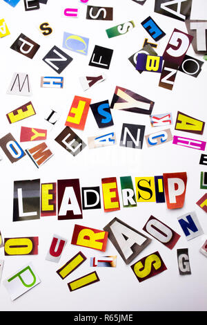 A word writing text showing concept of Leadership made of different magazine newspaper letter for Business case on the white background with copy space Stock Photo