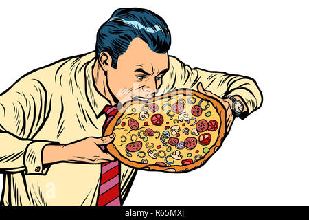 man eating pizza, isolated on white background Stock Photo