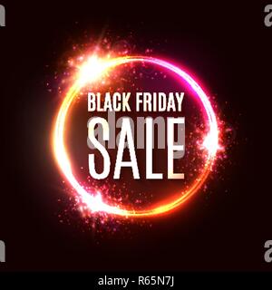 Black Friday sale poster or banner. Glowing colorful circle with red light effect on dark red abstract background. Design template for November seasonal shopping concept. Color 3d vector illustration. Stock Vector