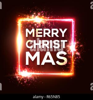 Christmas background. Square neon lights frame. Glowing border with sparkle flash glitter particles and explosion. Celebrating Xmas text with shining effect on red backdrop. Color vector illustration. Stock Vector