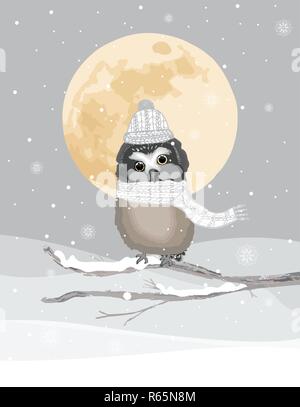 One cute owl with knitted hat and scarf on a frozen winter background. Landscape in silver and golden tones with falling snowflakes. Stock Vector