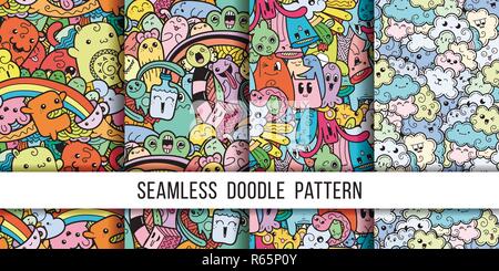 Collection of funny doodle monsters seamless pattern for prints, designs and coloring books. Vector illustration Stock Vector