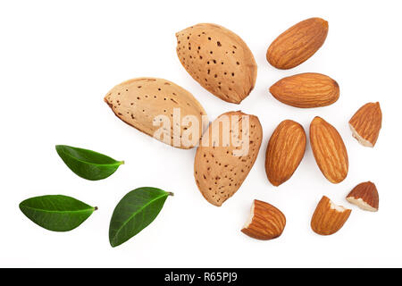 almonds with leaves isolated on white background. Flat lay pattern. Top view Stock Photo