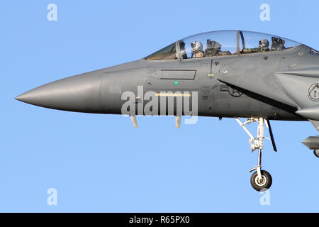 Close up of the nose of a USAF F-15E Strike Eagle at RAF Lakenheath. A green star shows this aircraft is credited with a Iranian drone kill from 2017. Stock Photo