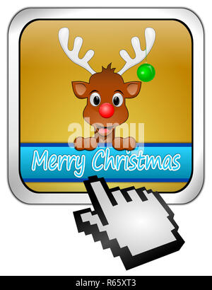 golden Reindeer wishing Merry Christmas Button with cursor - 3D illustration Stock Photo