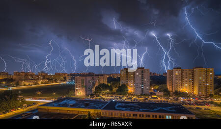 Lightnings Over Housing Estate Stock Photo