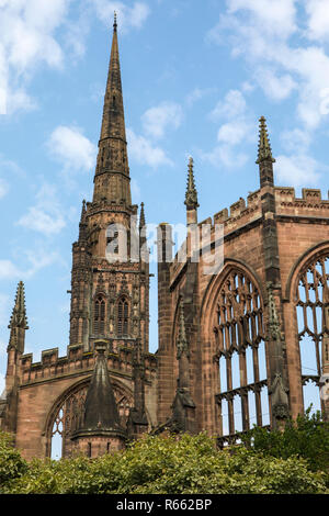 A view of the historic ruin of St. Michaels - part of the Coventry Cathedral buildings that were destroyed by the Luftwaffe during the Second World Wa Stock Photo