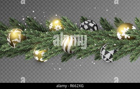 Realistic Christmas pine tree wreath garland with gold xmas ornament balls on transparent background. Stock Vector