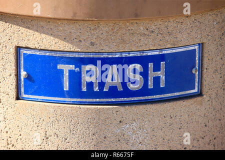 Close up of a TRASH sign on a trash can Stock Photo