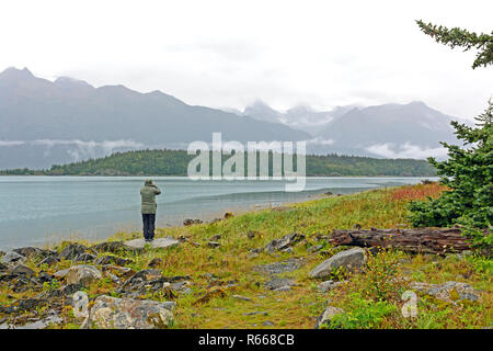 Looking for Wildlife on a Cloudy Day in Chilkat State Park in Alaska Stock Photo