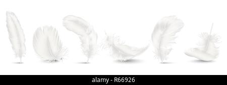Vector 3d Realistic Different Falling White Fluffy Twirled Feather Set Closeup Isolated on White Background. Design Template, Clipart of Angel or Bird Detailed Feather in Various Shapes Stock Vector