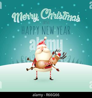 Merry Christmas and happy New Year greeting card - Santa Claus carries a Reindeer on his hands Stock Vector