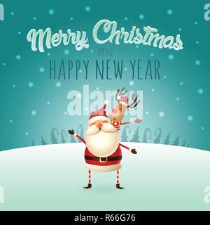 Merry Christmas and happy New Year - Santa Claus holding Reindeer on his beck - cute illustration Stock Vector