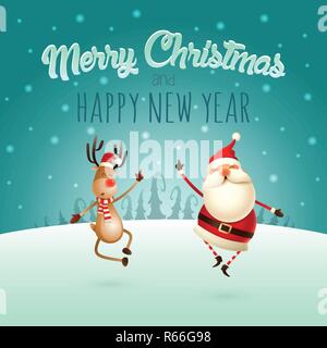 Merry Christmas and Happy New Year - Happy expresion of Santa Claus and Reindeer - they jumping straight up and bring their heels claping together rig Stock Vector