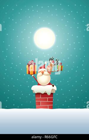 Santa Claus and Reindeer on the roof with gifts - turquoise snowy moonlight background Stock Vector
