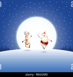 Happy expresion of Santa Claus and Reindeer on blue night moonlight winter landscape Stock Vector