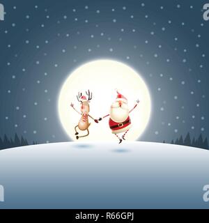 Christmas funny poster - Happy expresion of Santa Claus and Reindeer - moonlight winter landscape Stock Vector