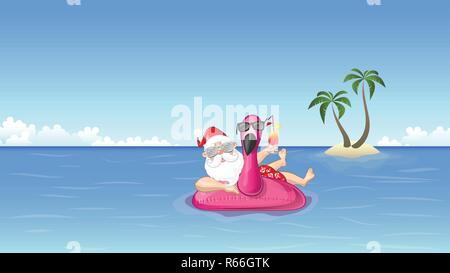 Santa Claus on inflatable flamingo float enjoys the summer vacation Stock Vector