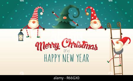 Cute Scandinavian Christmas Gnomes climb up the billboard using ladders. Merry Christmas and happy New year - green background Stock Vector