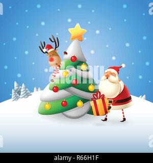Santa Claus put gifts under Christmas tree - winter landscape Stock Vector