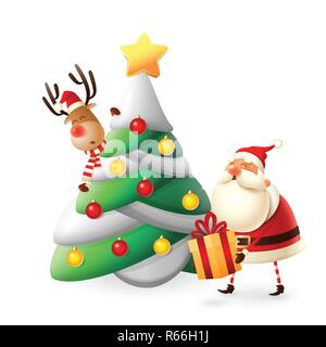 Santa Claus put gifts under Christmas tree - vector illustration isolated on white Stock Vector