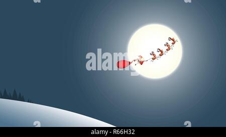 Santa sleight silhouette on moon - winter night landscape - Christmas background Stock Vector