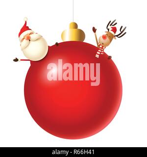 Santa Claus and reindeer behind red Christmas tree ball Stock Vector