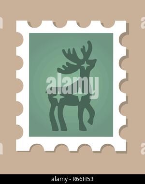 Christmas postage stamp with reindeer - cartoon style Stock Vector