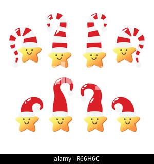 Cute smiling stars with christmas hat - set vector illustration Stock Vector