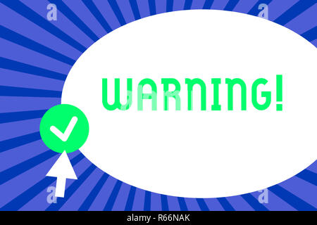 Conceptual hand writing showing Warning. Business photo text statement or event that warns of something or serves as example Arrow pressing pointing t Stock Photo
