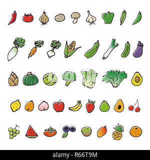 Hand drawn vegetable and fruits sketch icons Stock Photo