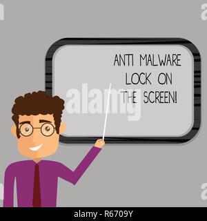 Writing note showing Anti Malware Lock On The Screen. Business photo showcasing Security safety against malware hacking Man Standing Holding Stick Poi Stock Photo