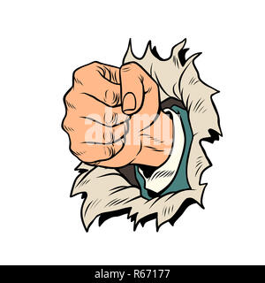 a fist punches the paper Stock Photo