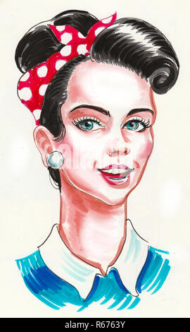 Pretty pin-up styled woman. Ink and watercolor drawing Stock Photo