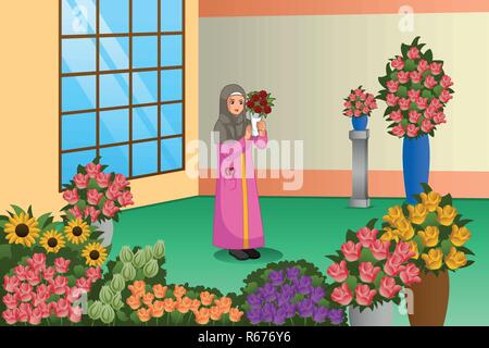 A vector illustration of Muslim Florist Working at the Store Stock Vector