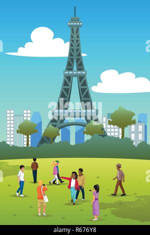A vector illustration of Tourists in Eiffel Tower France Stock Vector