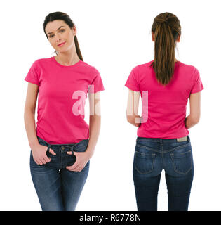Brunette woman wearing blank pink shirt Stock Photo