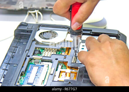 Screw the screws to repair the notebook and remove the hard drive. Stock Photo