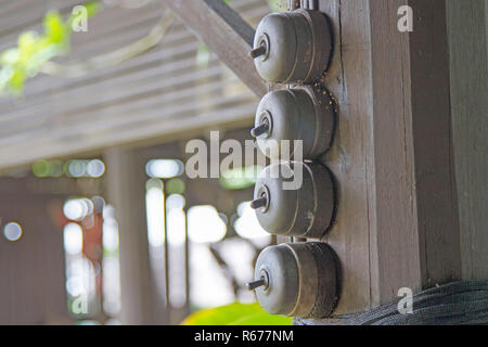 Switch on the ancient black light attached to the black wooden pole. Stock Photo