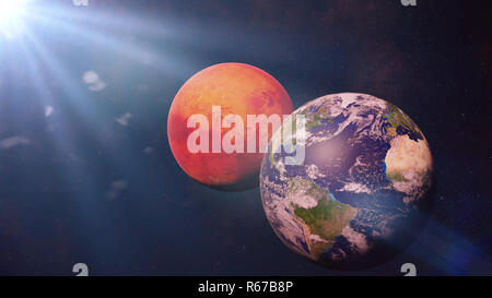 Earth, Mars and the Sun, neighbour planets in outer space Stock Photo