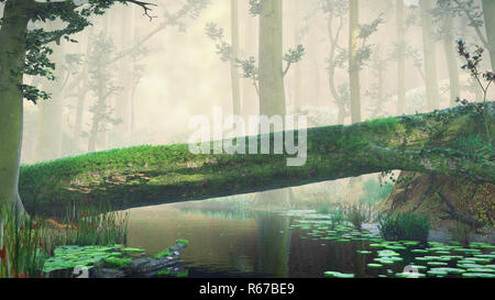 fallen tree, natural crossing in fantasy forest, magical landscape Stock Photo