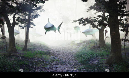 sharks swimming in forest, group of sharks flying in foggy fantasy landscape, surreal 3d illustration Stock Photo