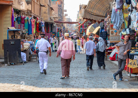 Cairo, Egypt - September 16, 2018: Walking by Khan el-Khalili, the major souk in the historic center of Islamic Cairo. The bazaar is one of Cairo's ma Stock Photo