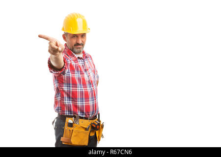 Construction foreman holding index finger as get out the door gesture with angry expression isolated on white Stock Photo