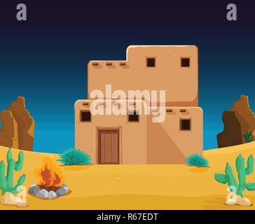 An adobe house at desert illustration Stock Vector