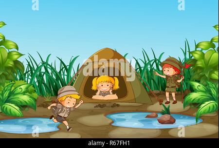 Camping kids in nature illustration Stock Vector