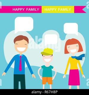 Happy family members parents and their son. Lovely cartoon characters with speech bubbles.Vector illustration Stock Vector