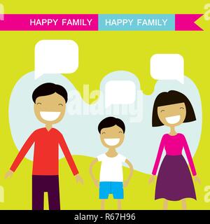 Happy family members parents and their son. Lovely cartoon characters with speech bubbles.Vector illustration Stock Vector