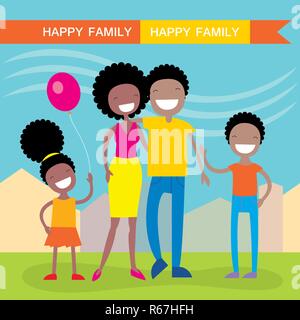 Happy African American family of four members parents,their son and daughter. Lovely cartoon characters on nature sunny summer day background.Vector i Stock Vector